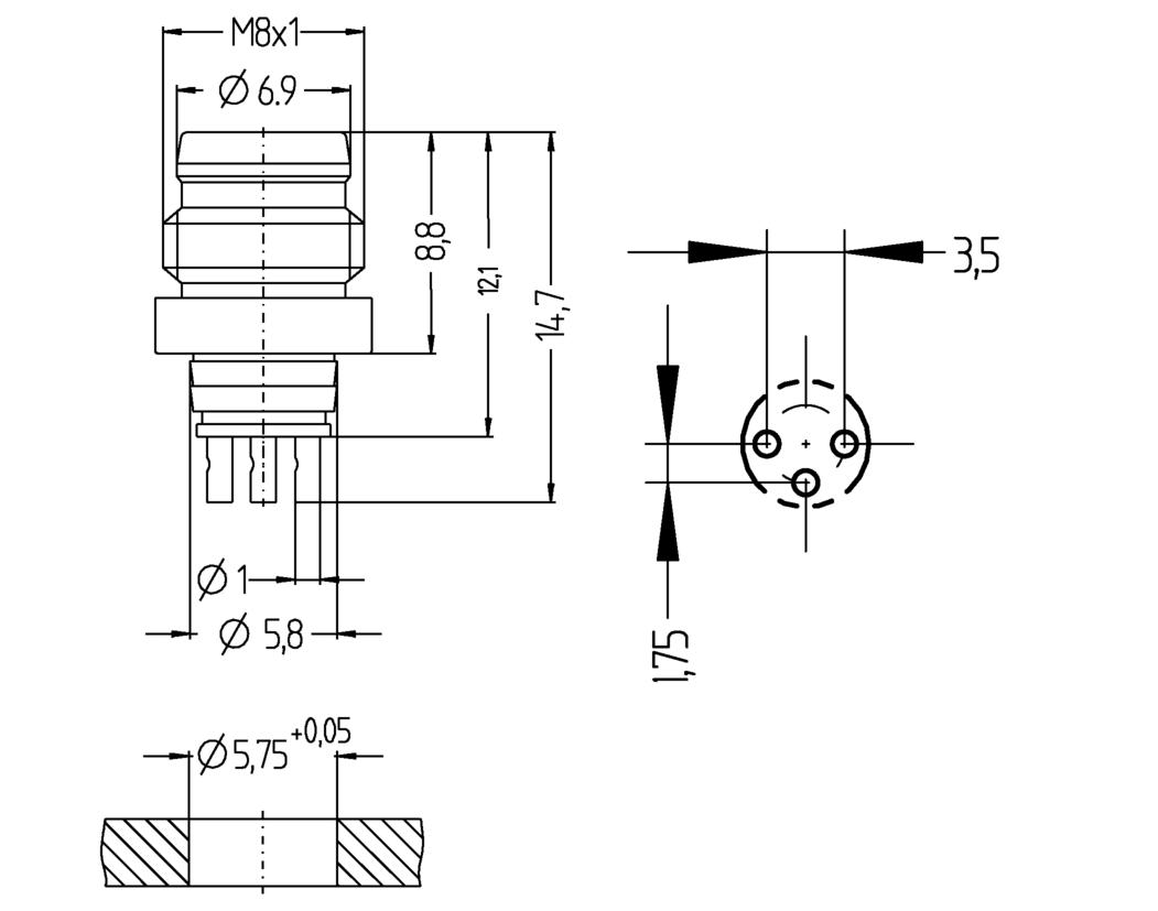 Einbaustecker, M8, Stecker, gerade, 3-polig, Lötanschluss