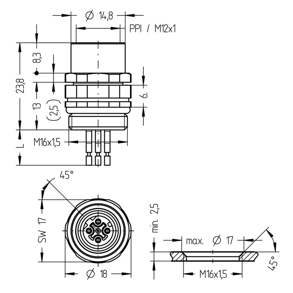 Receptacle, M12, Push-Pull inner locking, female, straight, 4 poles, D-coded, front wall-mounting, wire contact, Industrial Ethernet