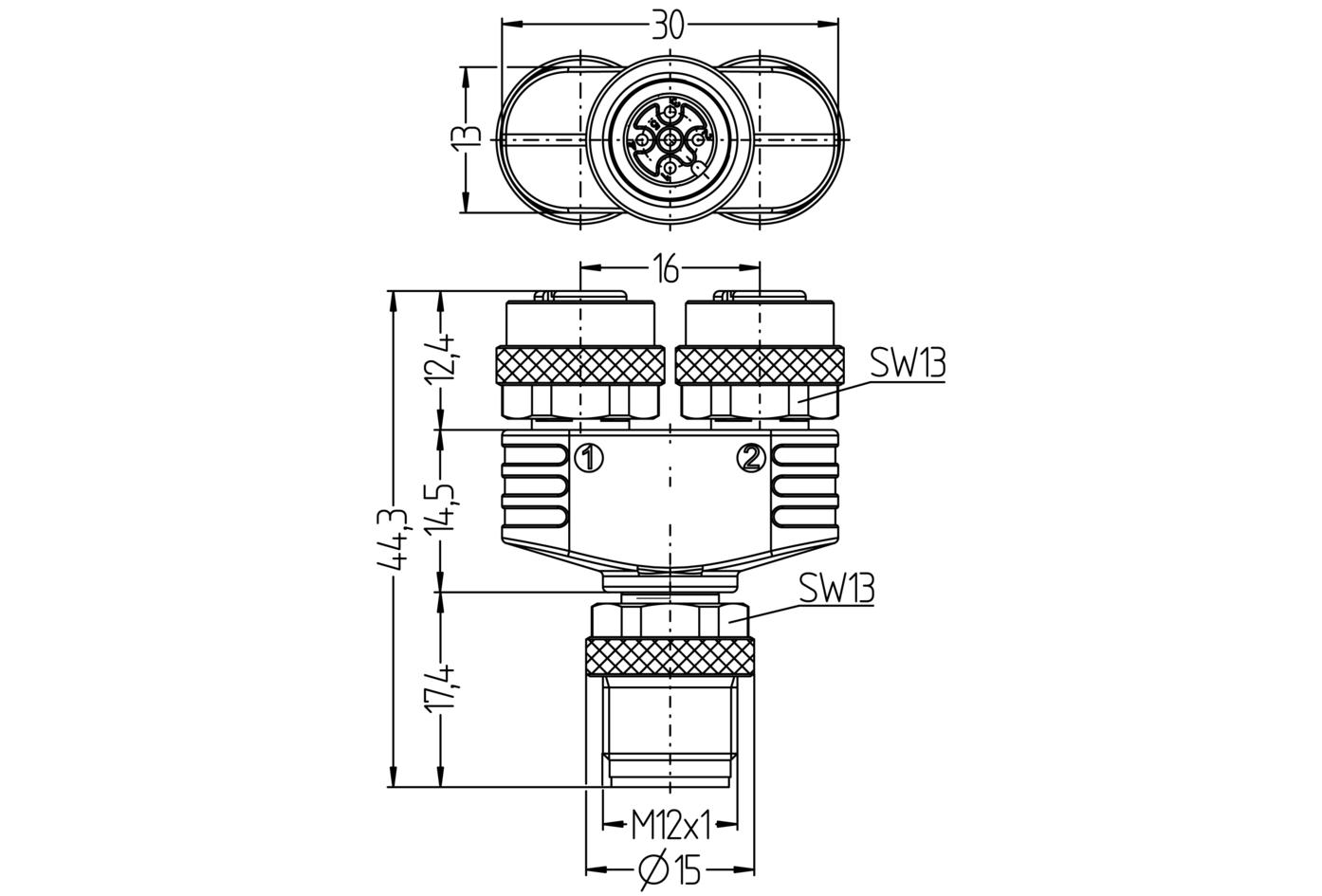 Y-splitter, M12, male, straight, 5 poles, M12, female, straight, 5 poles, M12, female, straight, 5 poles