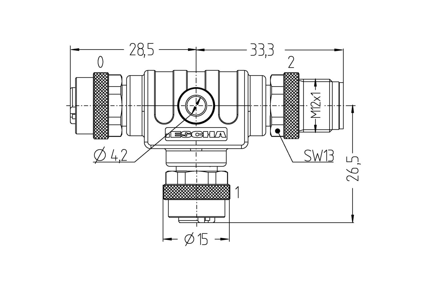 T-splitter, M12, female, straight, 8 poles, M12, female, straight, 8 poles, M12, male, straight, 8 poles, shielded