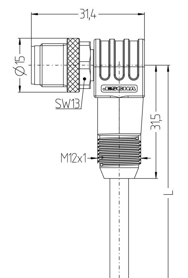 M12, 公头, 弯型, 4针脚, 保护套管带螺纹压头, 传感器/执行器电缆