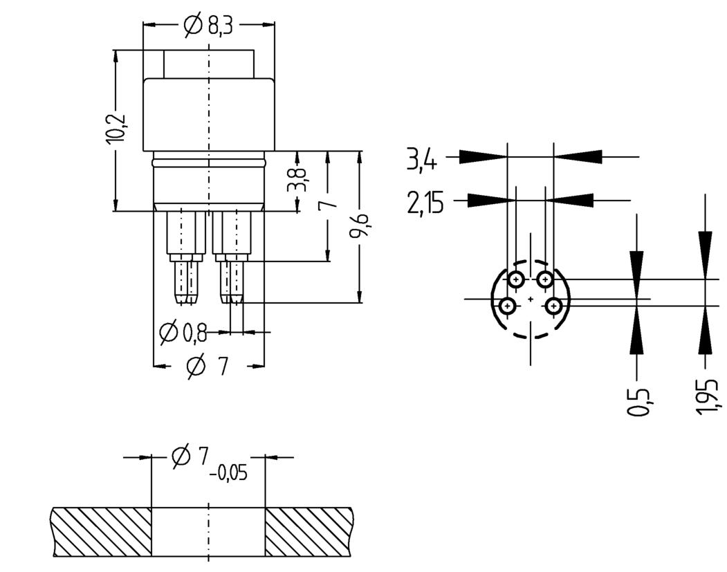 Einbaustecker, Ø8mm snap, Buchse, gerade, 4-polig, Printanschluss