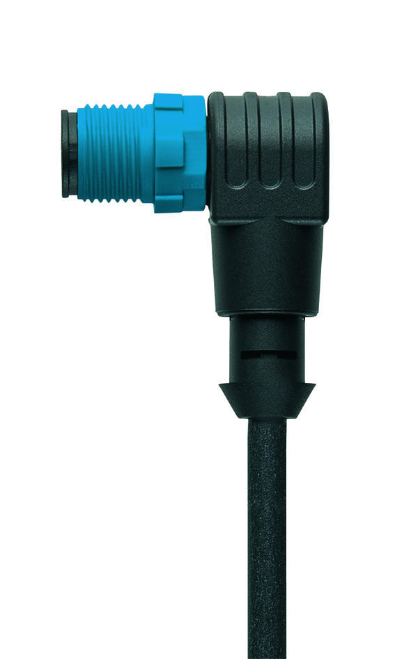 M12, male, angled, 4 poles, plastic coupling nut, blue, sensor-/actuator cable