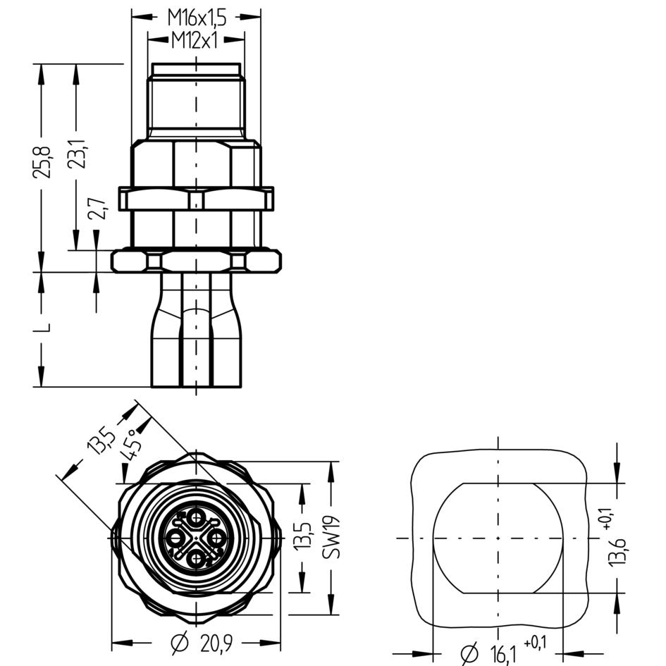 Receptacle, M12, male, straight, 3+PE, S-coded, back wall-mounting, wire contact, POWER