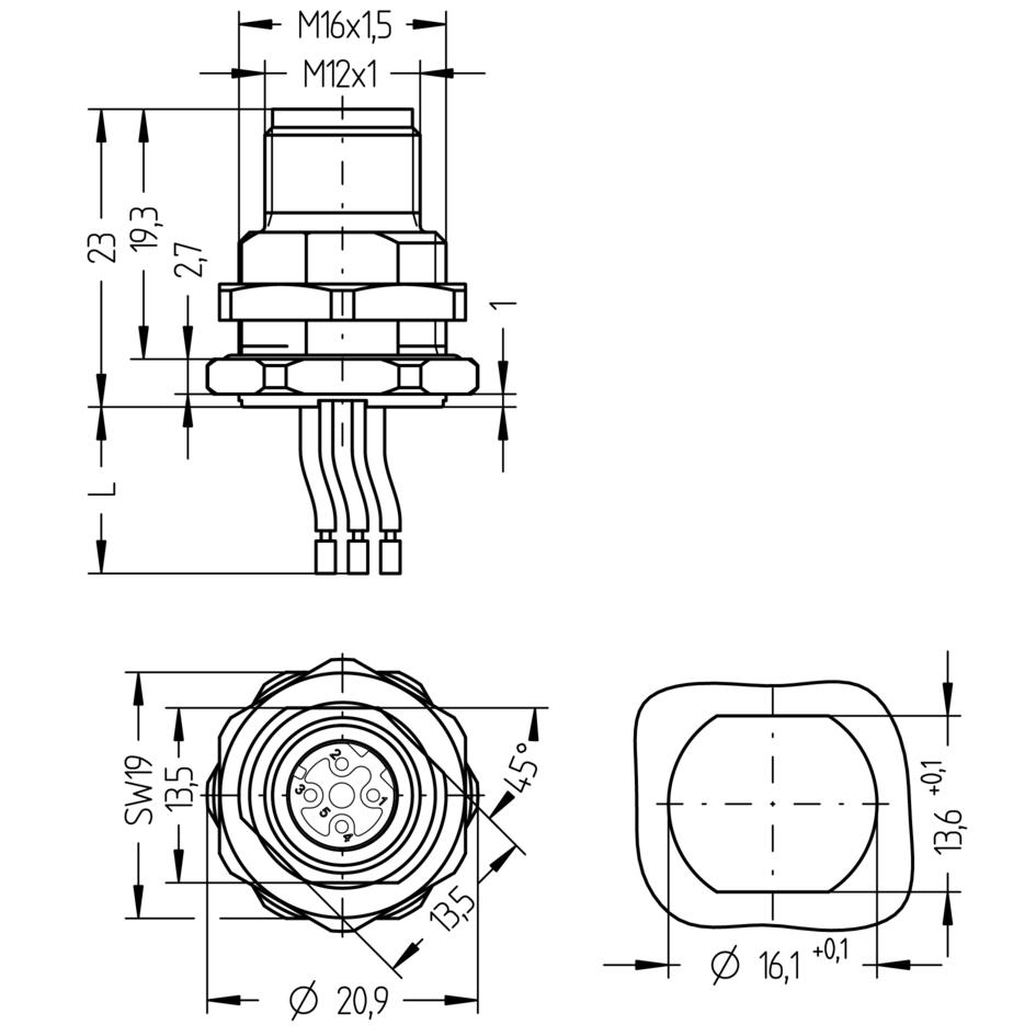 Receptacle, M12, male, straight, 4 poles, D-coded, back wall-mounting, wire contact, stainless steel, Industrial Ethernet