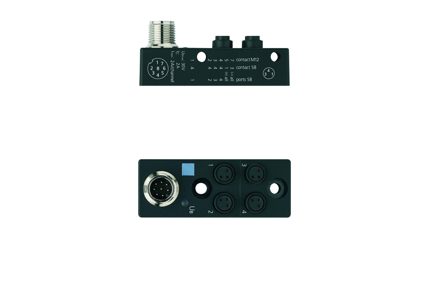 I/O-junctions passive, 4 ports, top contact, Ø8mm snap, female, 3 poles, M12, male, 8 poles