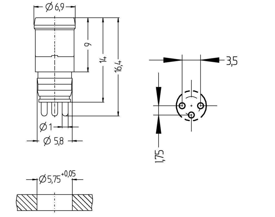 Panel connector, Ø8mm snap, male, straight, 3 poles, print contact