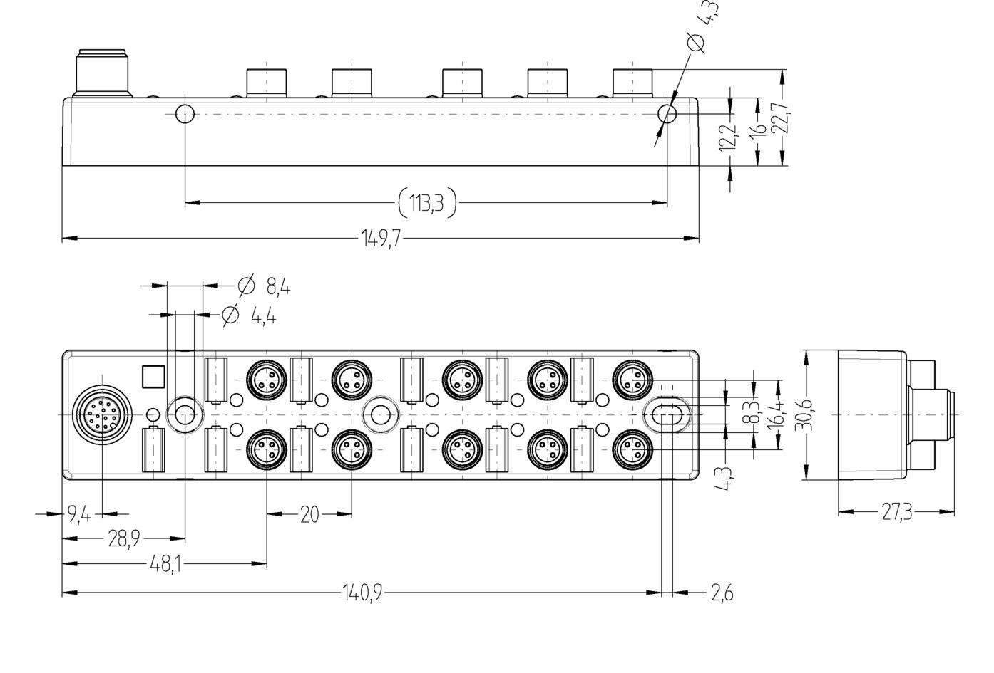 I/O-junctions passive, 10 ports, top contact, M8, female, 3 poles, M12, male, 12 poles