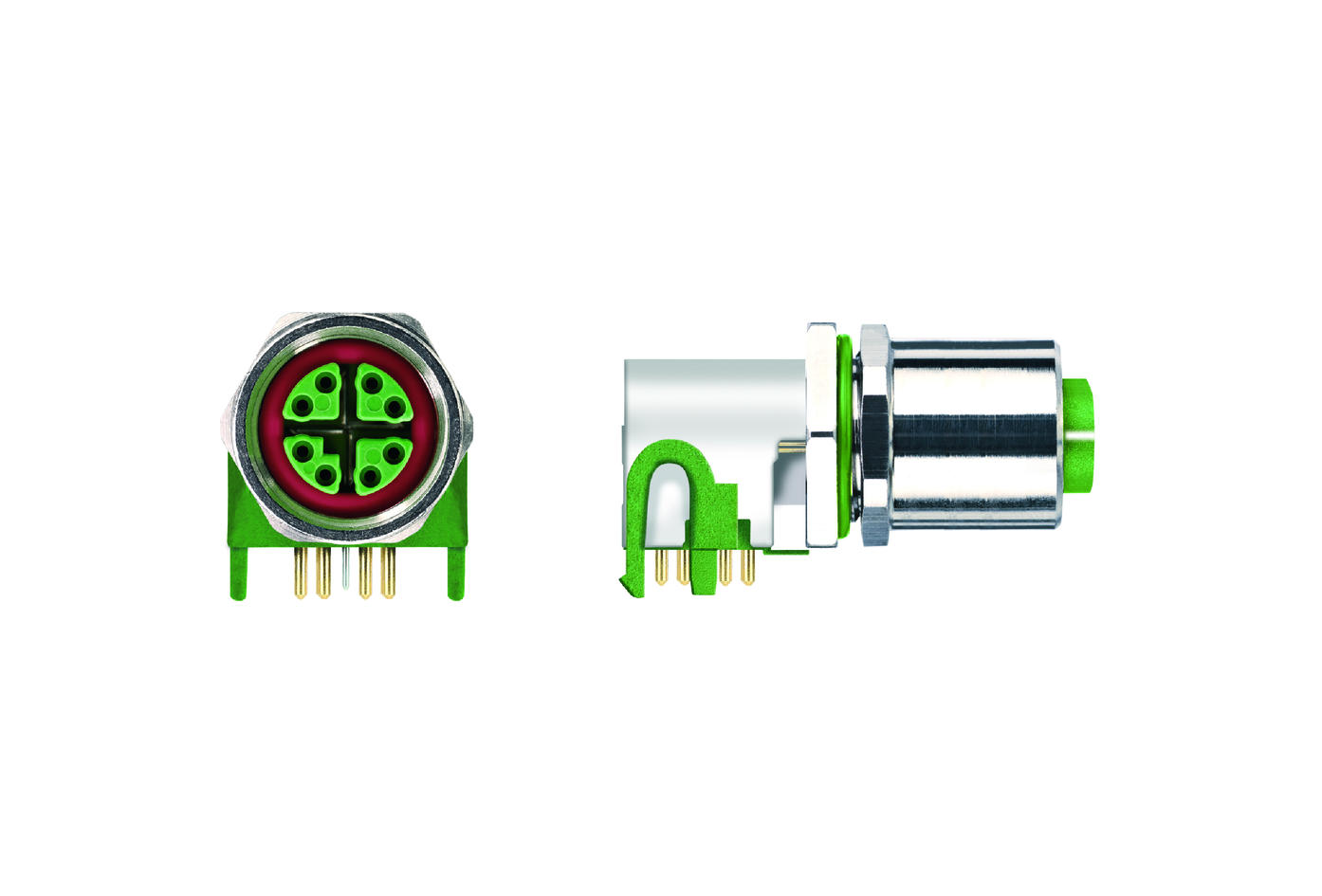 Receptacle, M12, female, angled, 8 poles, X-coded, back wall-mounting, print contact, shielded, Industrial Ethernet