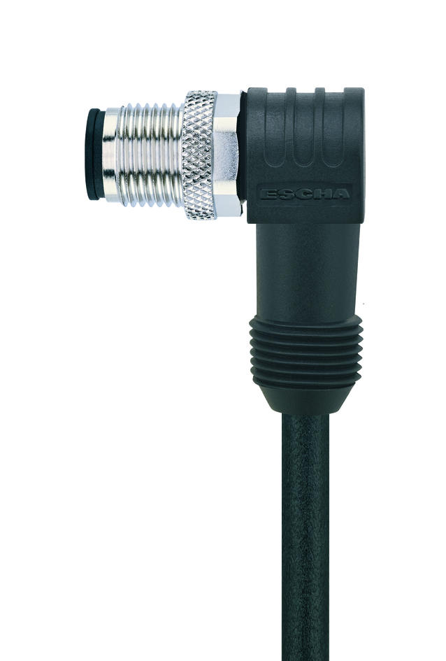 M12, 公头, 弯型, 4针脚, 保护套管带螺纹压头, 传感器/执行器电缆