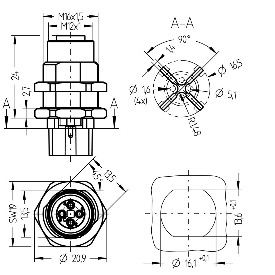 Receptacle, M12, female, straight, 4 poles, T-coded, back wall-mounting, with insulating cross, print contact, POWER