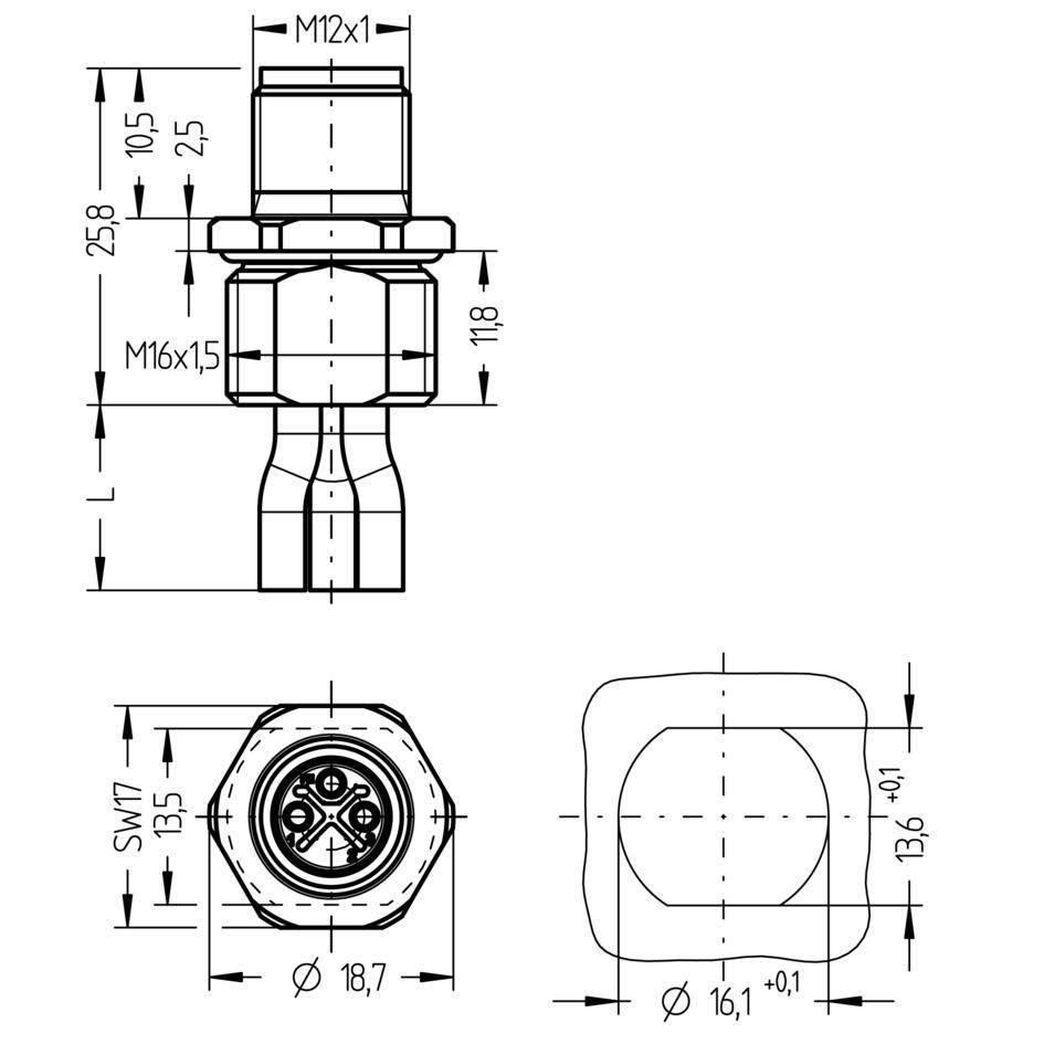 Receptacle, M12, male, straight, 2+PE, S-coded, front wall-mounting, wire contact, POWER