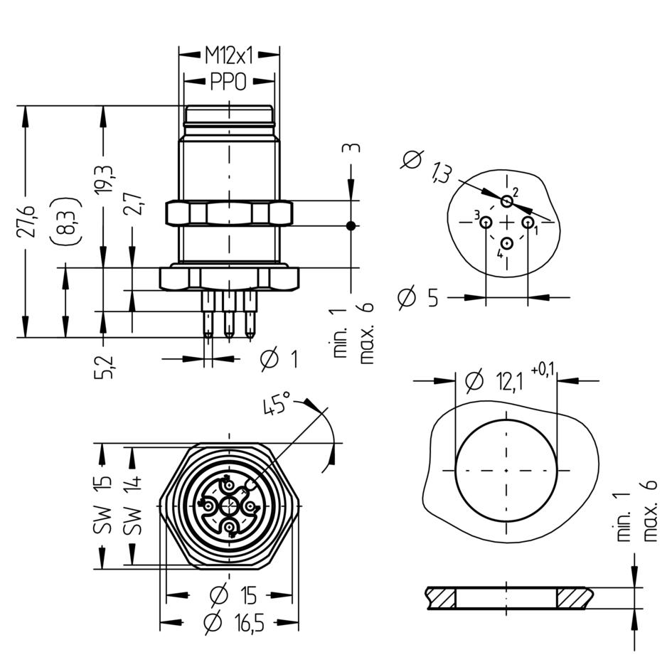 法兰, M12, Push-Pull outer locking, 公头, 直型, 4针脚, 后面板安装, PC板-连接