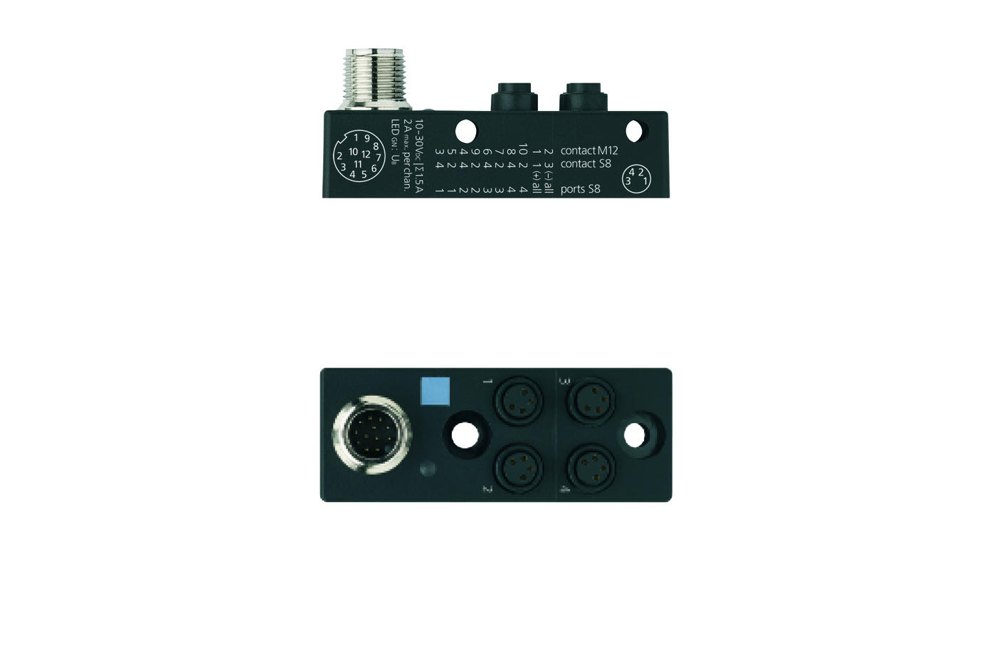 I/O-Modul passiv, 4 Ports, Topanschluss, Ø8mm snap, Buchse, 4-polig, M12, Stecker, 12-polig