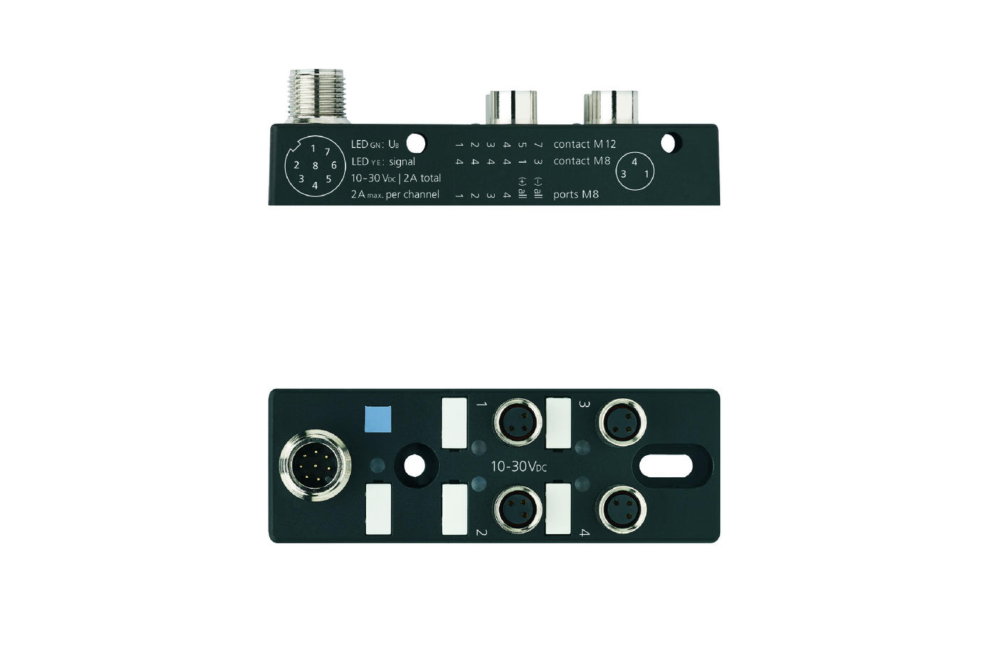 I/O-junctions passive, 4 ports, top contact, M8, female, 3 poles, M12, male, 8 poles