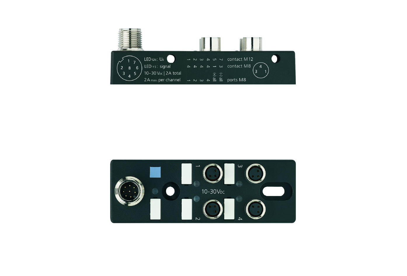 I/O-分线盒 被动, 4 ports, 顶端 连接, M8, 母头, 3针脚, M12, 公头, 8针脚