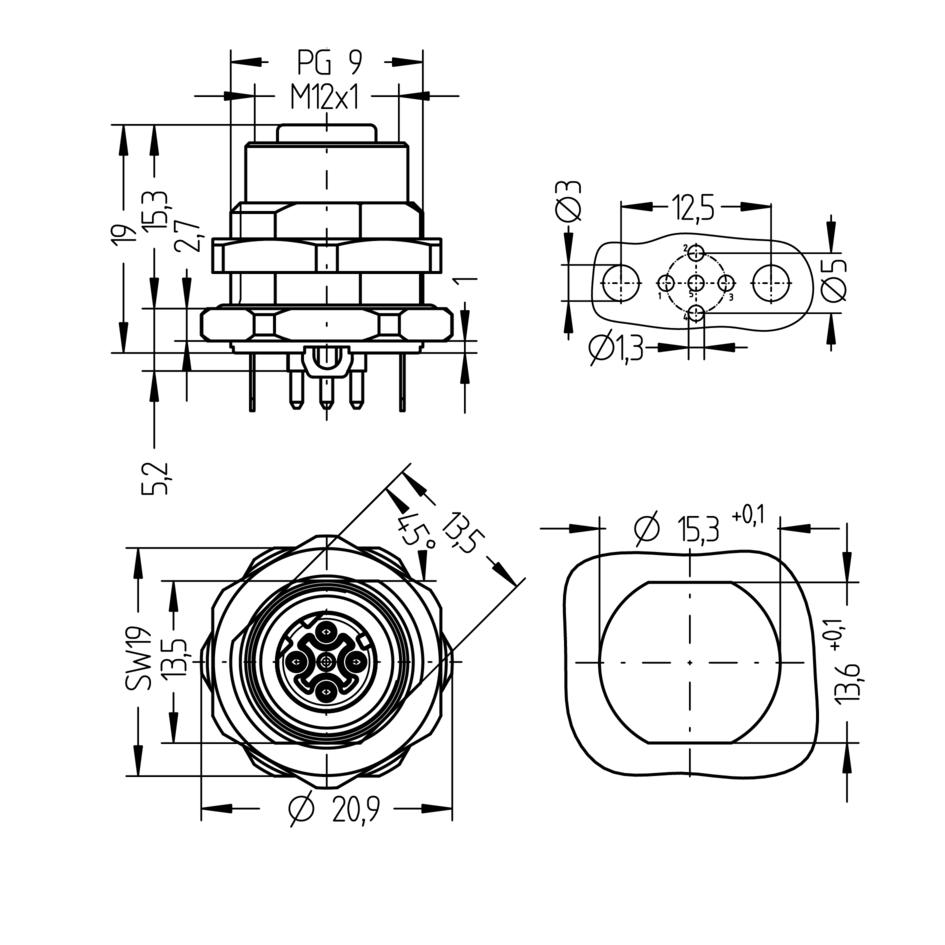 Receptacle, M12, female, straight, 4 poles, D-coded, back wall-mounting, print contact, shielded, Industrial Ethernet