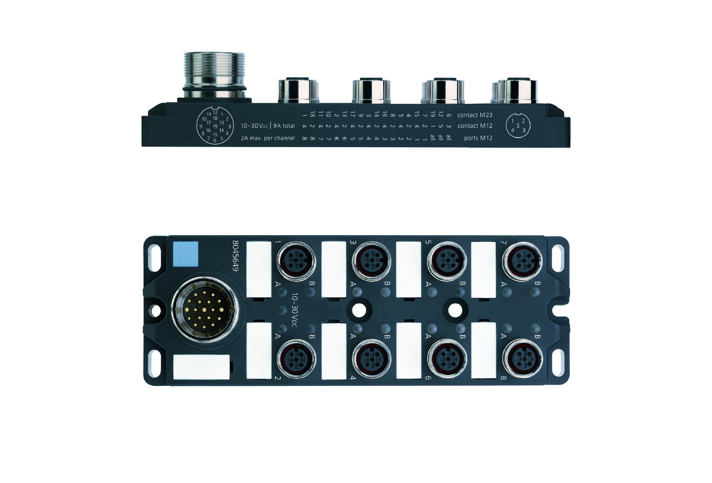 I/O-junctions passive, 8 ports, top contact, M12, female, 4+PE, M23, male, 19 poles