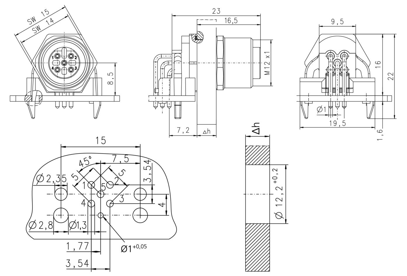 Receptacle, M12, female, angled, 5 poles, B-coded, back wall-mounting, print contact, shielded, Profibus