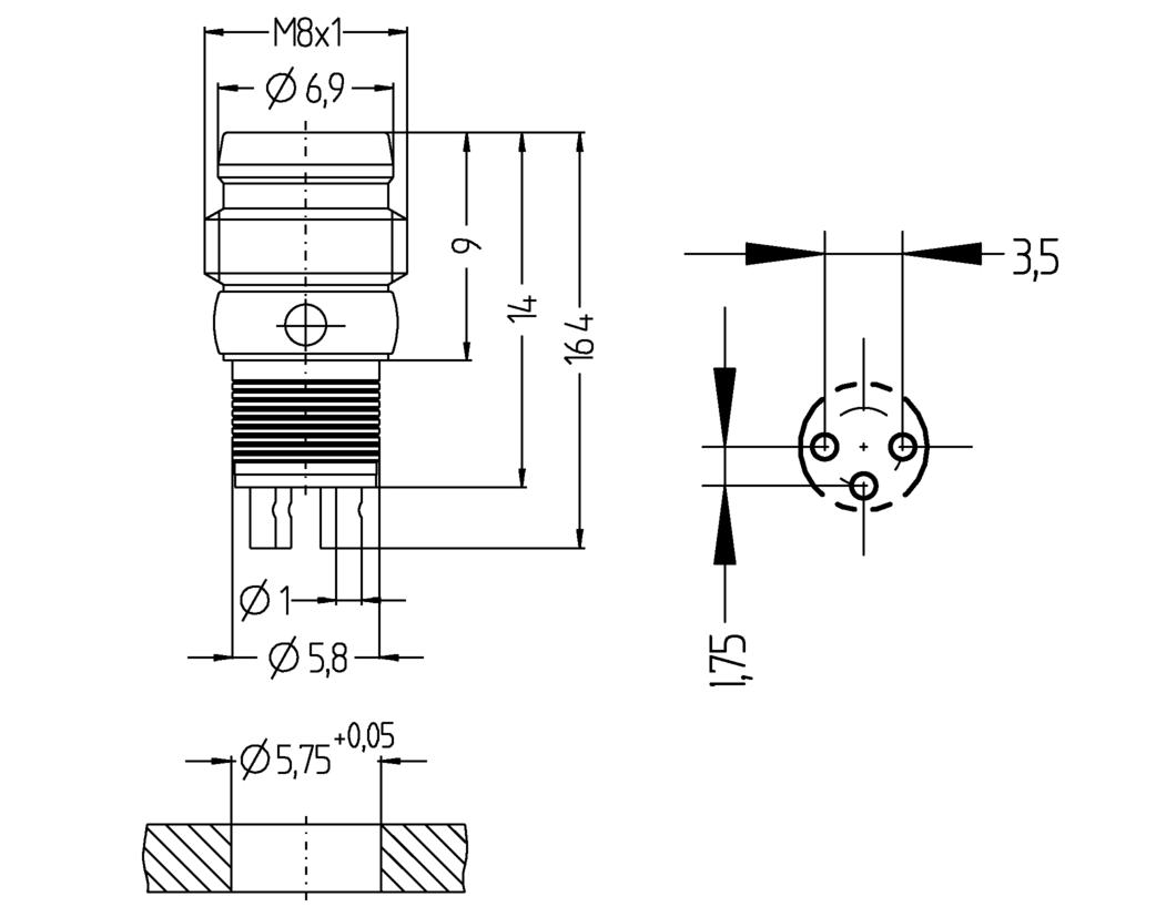 Einbaustecker, Ø8mm snap, Stecker, gerade, 3-polig, Lötanschluss