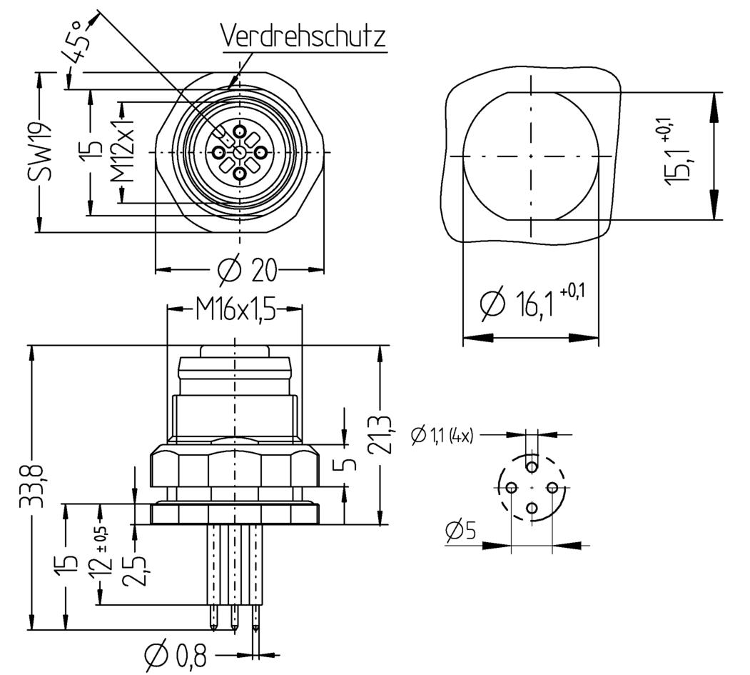 Receptacle, M12, female, straight, 4 poles, D-coded, back wall-mounting, print contact, Industrial Ethernet