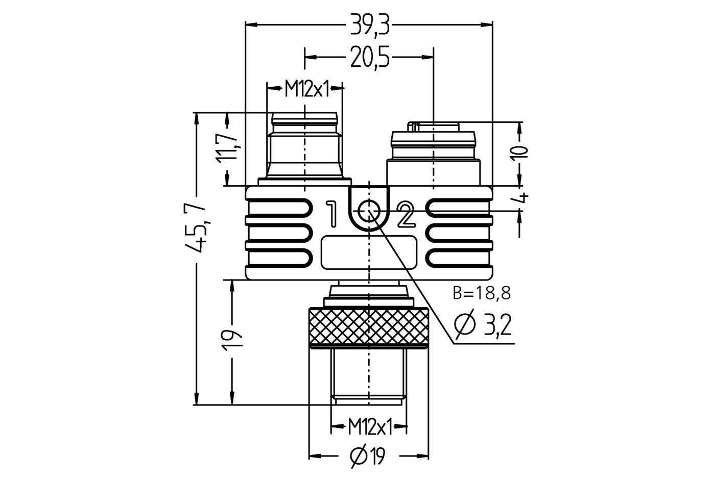 Y-Verteiler, M12, Stecker, gerade, 5-polig, M12, Stecker, gerade, 5-polig, M12, Buchse, gerade, 5-polig