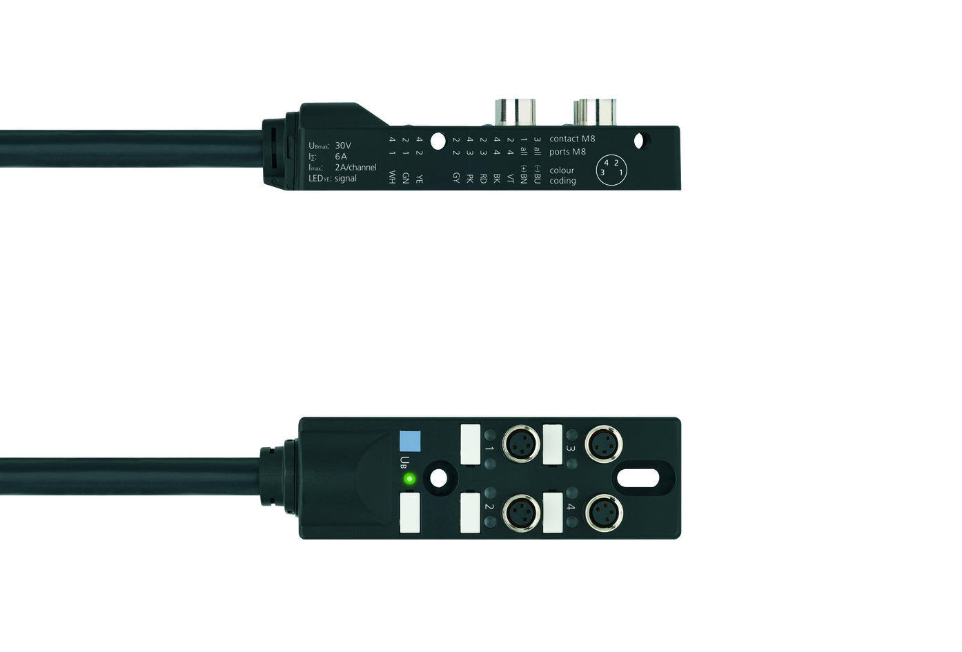 I/O-分线盒 被动, 4 ports, 固定电缆连接, M8, 母头, 4针脚