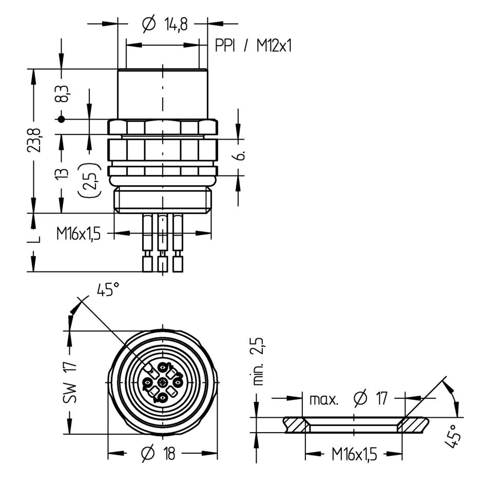 Receptacle, M12, Push-Pull inner locking, female, straight, 4 poles, front wall-mounting, wire contact
