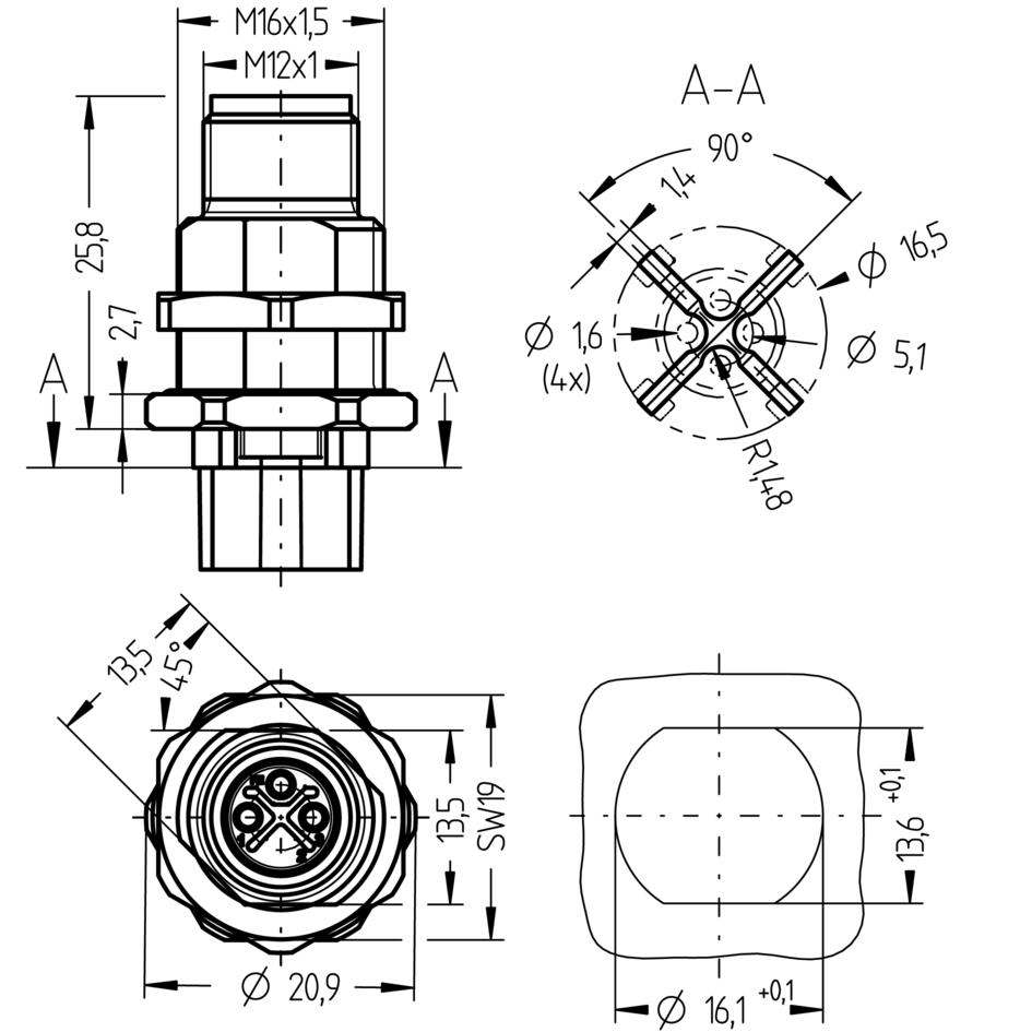 Flansch, M12, Stecker, gerade, 2+PE, S-codiert, Hinterwandmontage, mit Isolierkreuz, Printanschluss, POWER