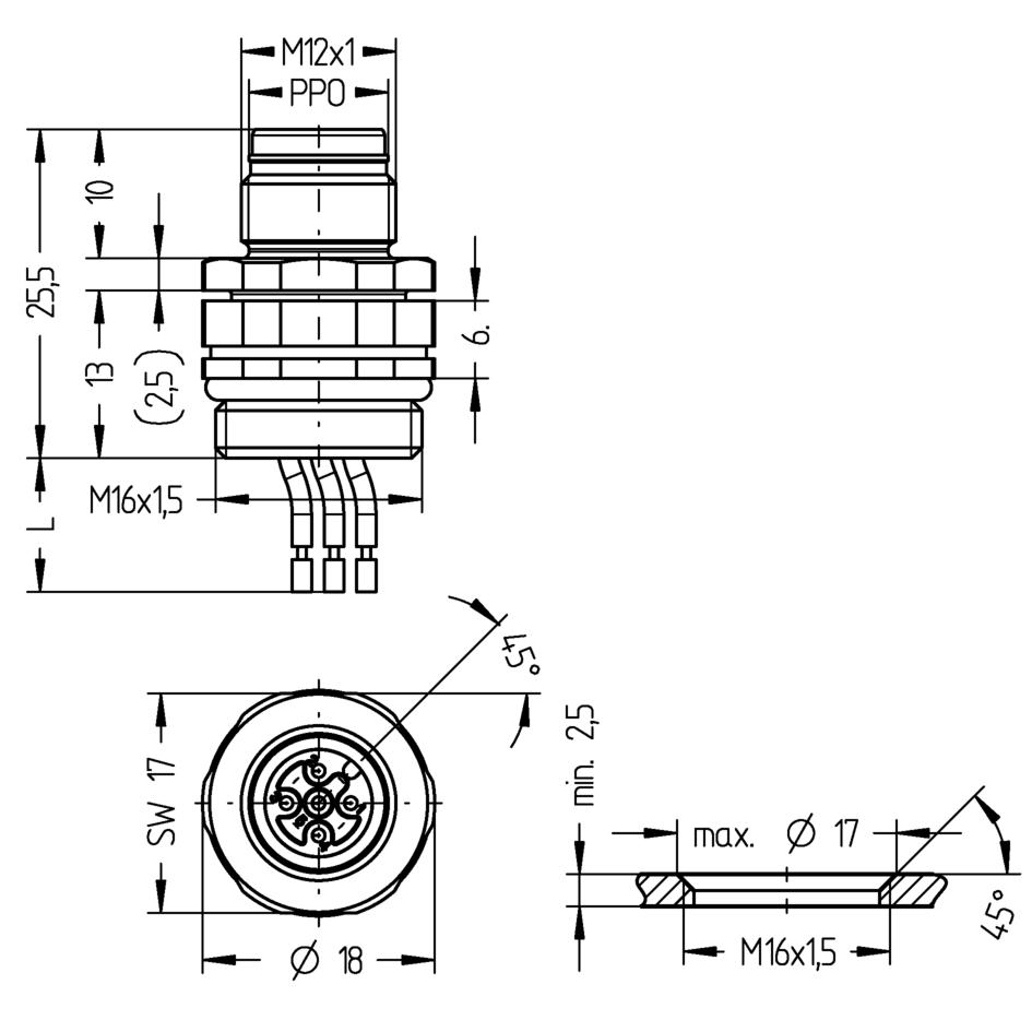 法兰, M12, Push-Pull outer locking, 公头, 直型, 5针脚, 前面板安装, 线芯连接