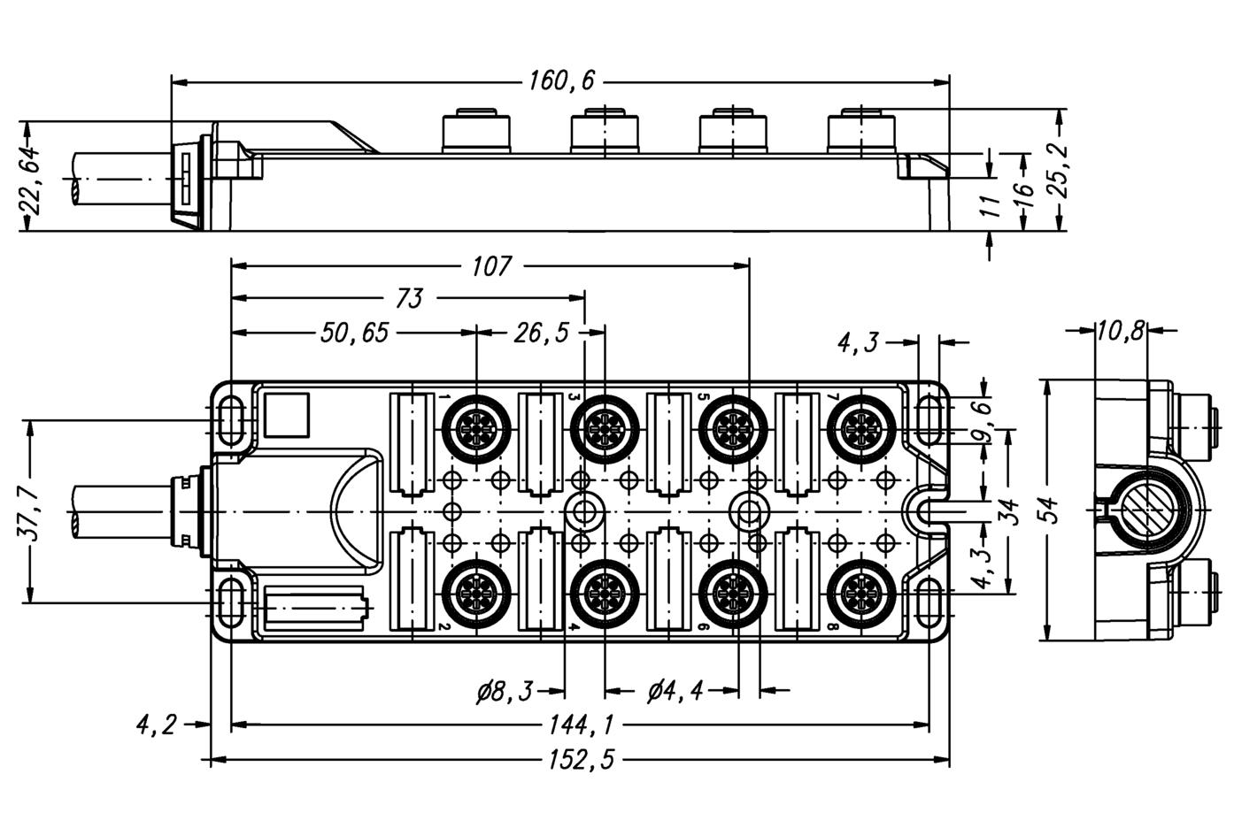 I/O-junctions passive, 8 ports, fixed cable connection, M12, female, 4+PE