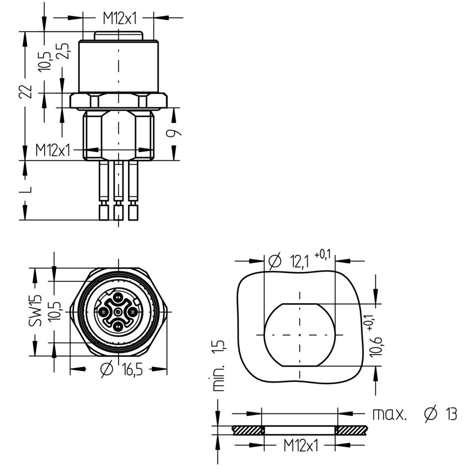 Receptacle, M12, female, straight, 4 poles, D-coded, front wall-mounting, wire contact, Industrial Ethernet