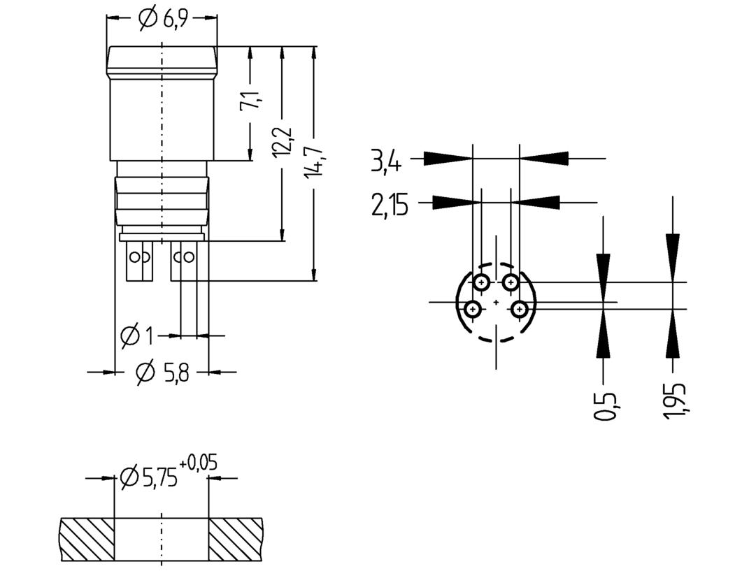 Panel connector, Ø8mm snap, male, straight, 4 poles, soldering contact