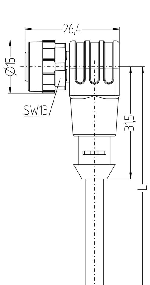 M12, female, angled, 5 poles, plastic coupling nut, grey, sensor-/actuator cable