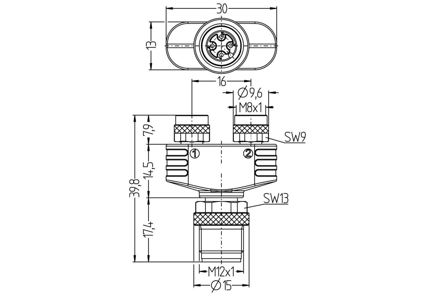 Y型分离器, M12, 公头, 直型, 4针脚, M8, 母头, 直型, 3针脚, M8, 母头, 直型, 3针脚