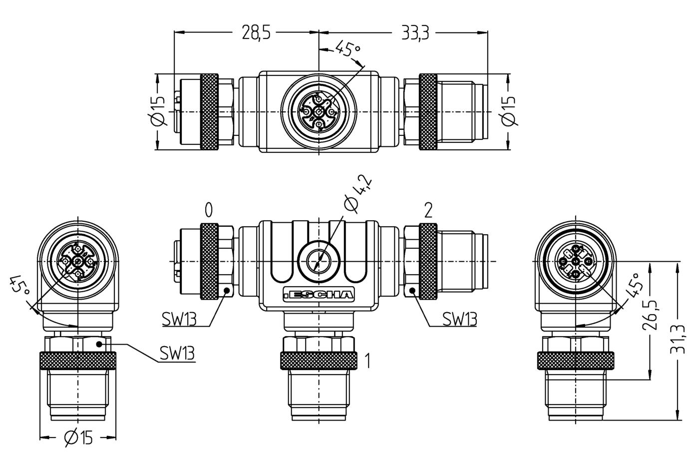 T-splitter, M12, female, straight, 5 poles, B-coded, M12, male, straight, 5 poles, B-coded, M12, male, straight, 5 poles, B-coded, shielded, Profibus