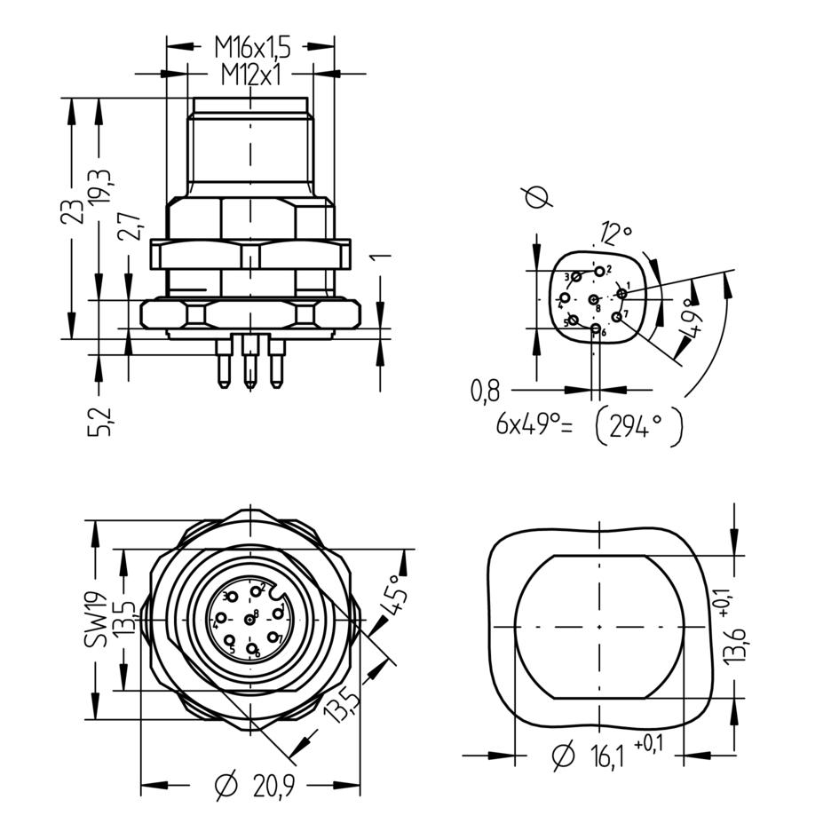 Flansch, M12, Stecker, gerade, 8-polig, Hinterwandmontage, Printanschluss