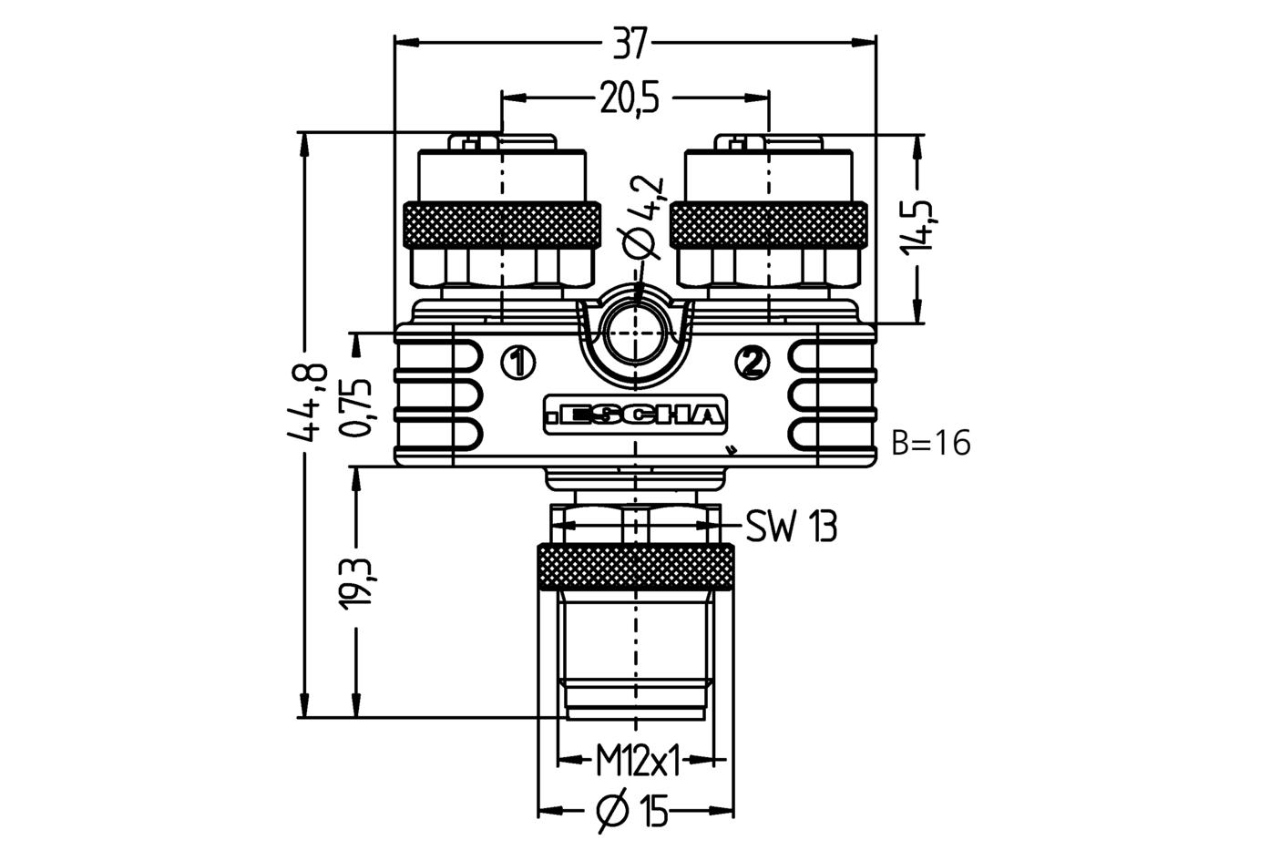 Y-splitter, M12, male, straight, 8 poles, M12, female, straight, 8 poles, M12, female, straight, 8 poles, shielded