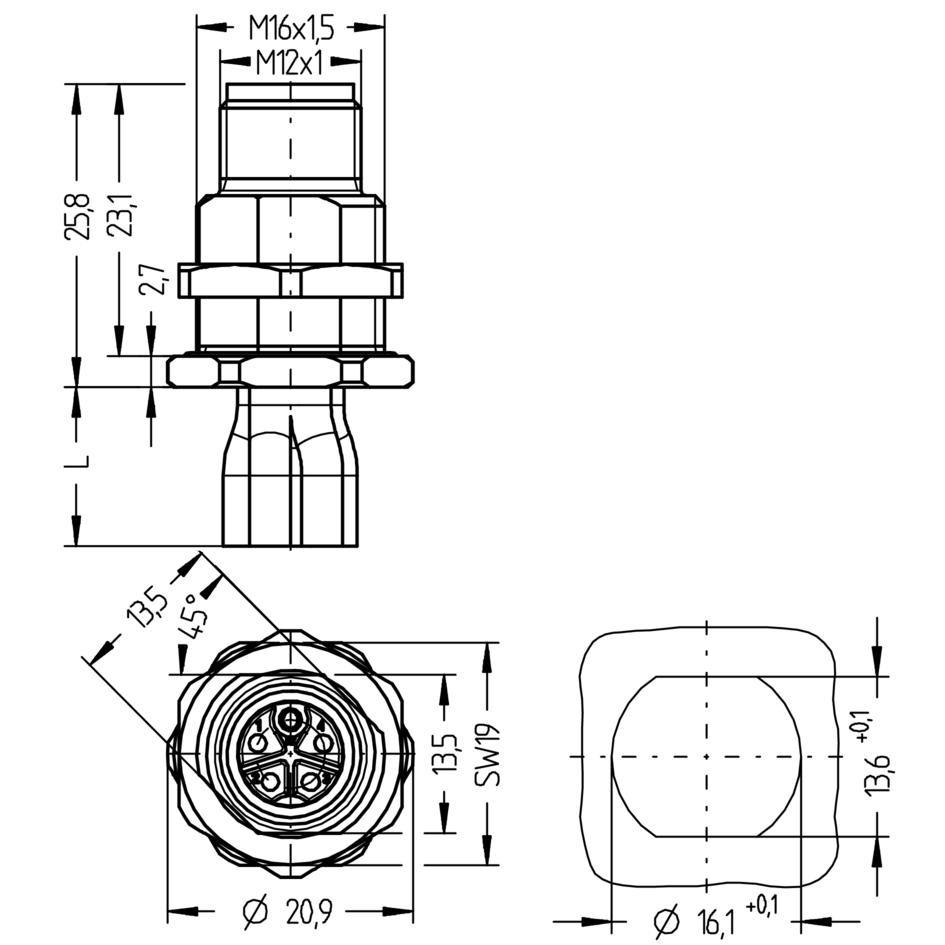 Flansch, M12, Stecker, gerade, 4+PE, K-codiert, Hinterwandmontage, Litzenanschluss, POWER