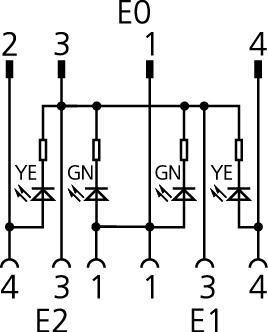 Y-Verteiler, M12, Stecker, gerade, 4-polig, mit Kabelabgang, M12, Buchse, gewinkelt, 3-polig, M12, Buchse, gewinkelt, 3-polig, mit LED