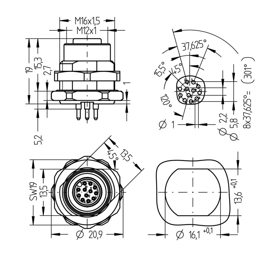 Receptacle, M12, female, straight, 12 poles, back wall-mounting, print contact