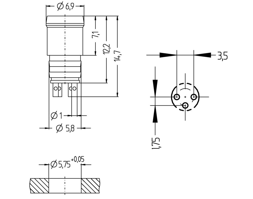 Panel connector, Ø8mm snap, male, straight, 3 poles, soldering contact