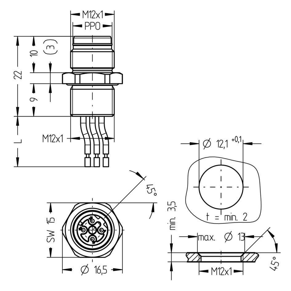 法兰, M12, Push-Pull outer locking, 公头, 直型, 4针脚, D-编码, 前面板安装, 线芯连接, 工业以太网