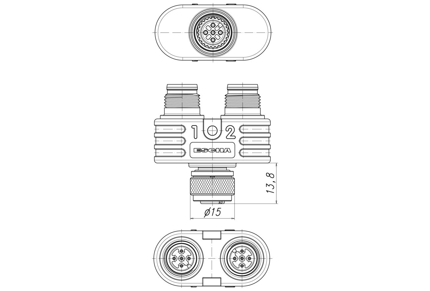 Y-splitter, M12, female, straight, 5 poles, M12, male, straight, 5 poles, M12, male, straight, 5 poles