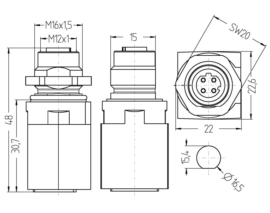 Wanddurchführung, M12, Buchse, gerade, 4-polig, D-codiert, RJ45, Buchse, gerade, 8-polig, Hinterwandmontage, geschirmt, Industrial Ethernet