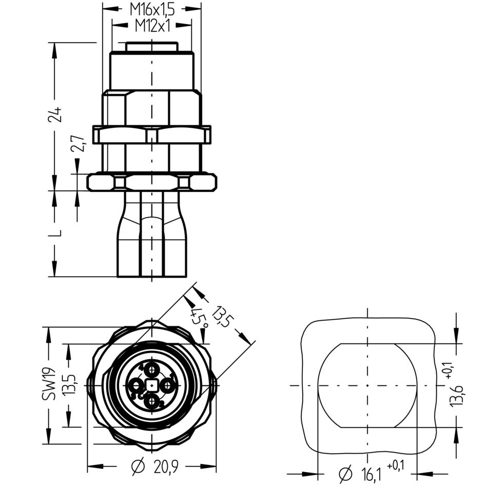 Receptacle, M12, female, straight, 4 poles, T-coded, back wall-mounting, wire contact, POWER