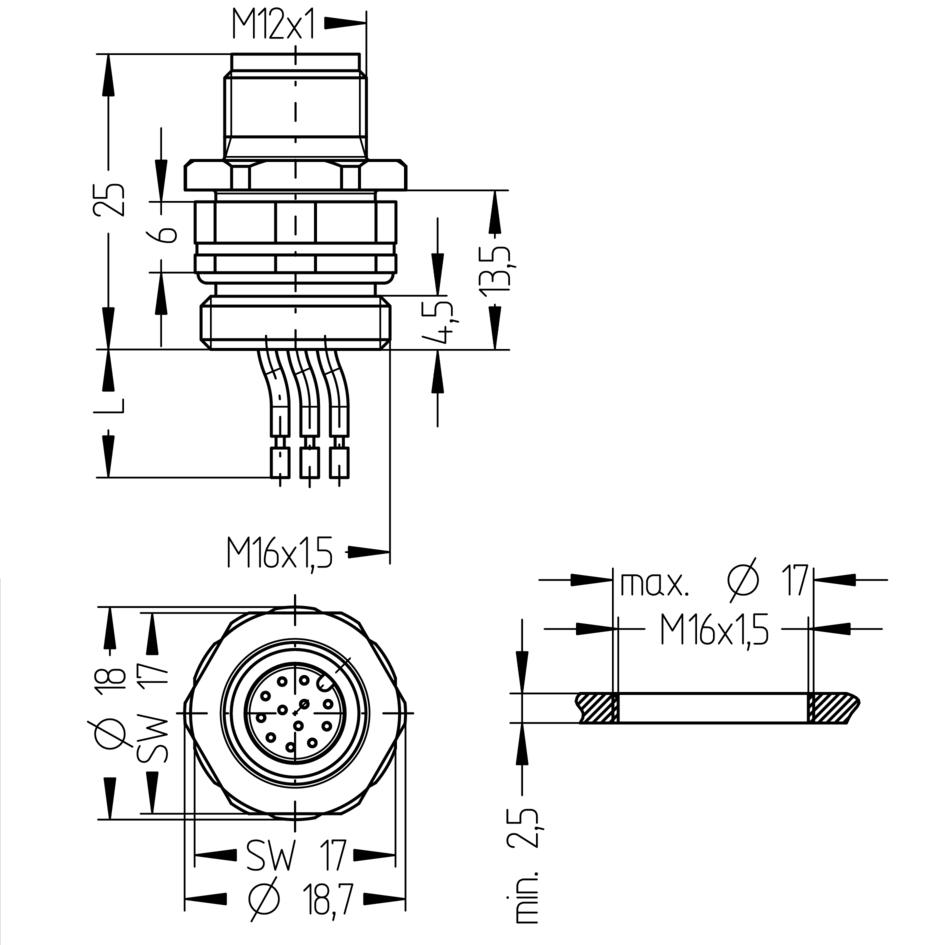 法兰, M12, 公头, 直型, 12针脚, 前面板安装, 线芯连接, 不锈钢