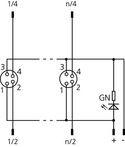 I/O-Modul passiv, 4 Ports, Topanschluss, Ø8mm snap, Buchse, 4-polig, M12, Stecker, 12-polig