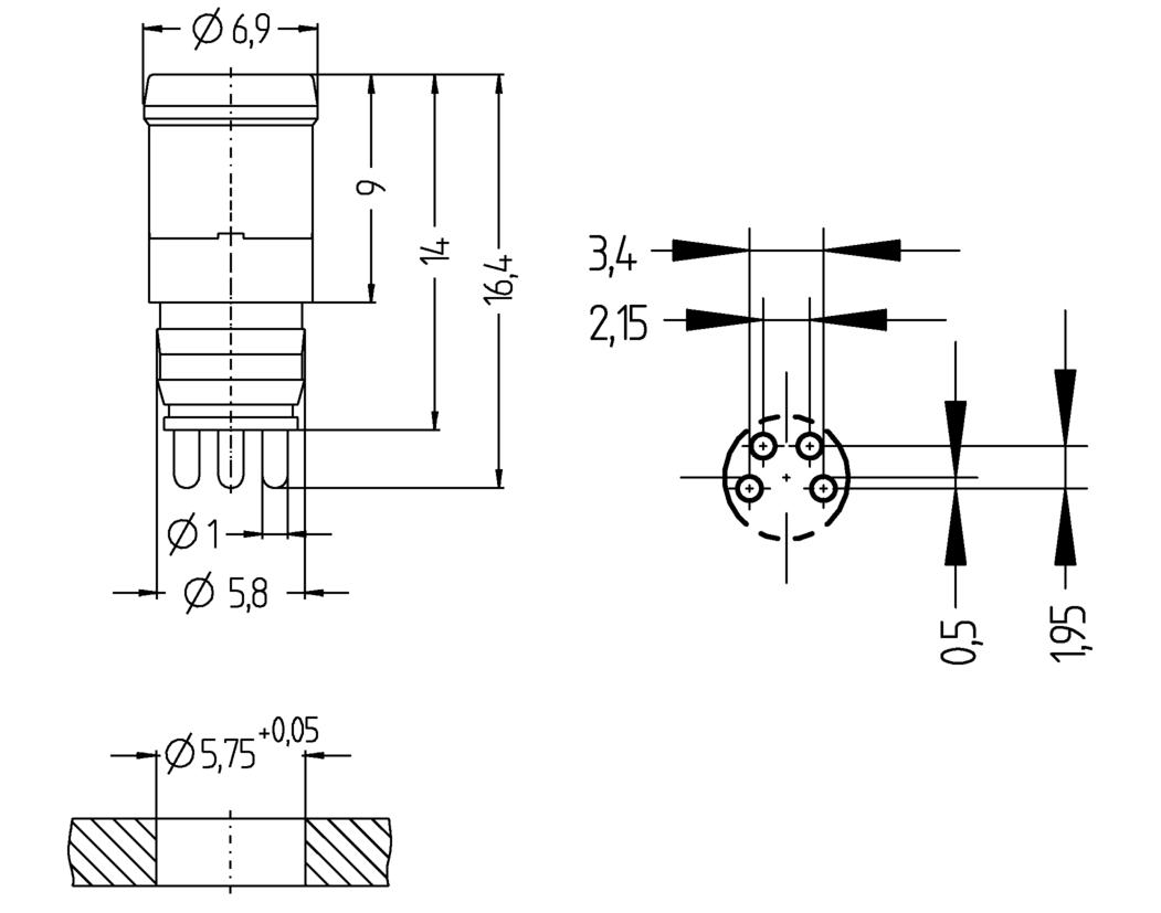 Panel connector, Ø8mm snap, male, straight, 4 poles, print contact