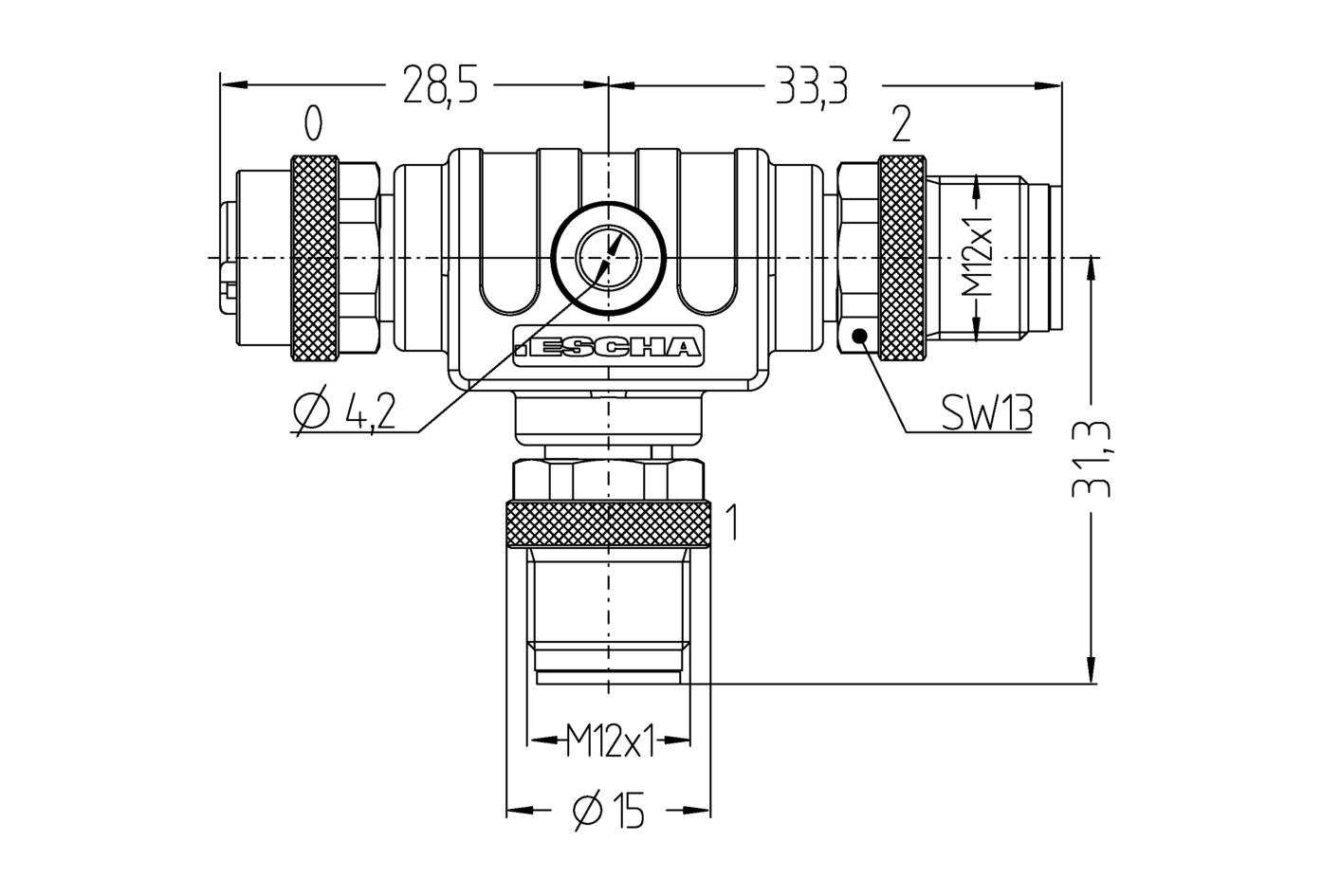 T-splitter, M12, female, straight, 5 poles, M12, male, straight, 5 poles, M12, male, straight, 5 poles, shielded